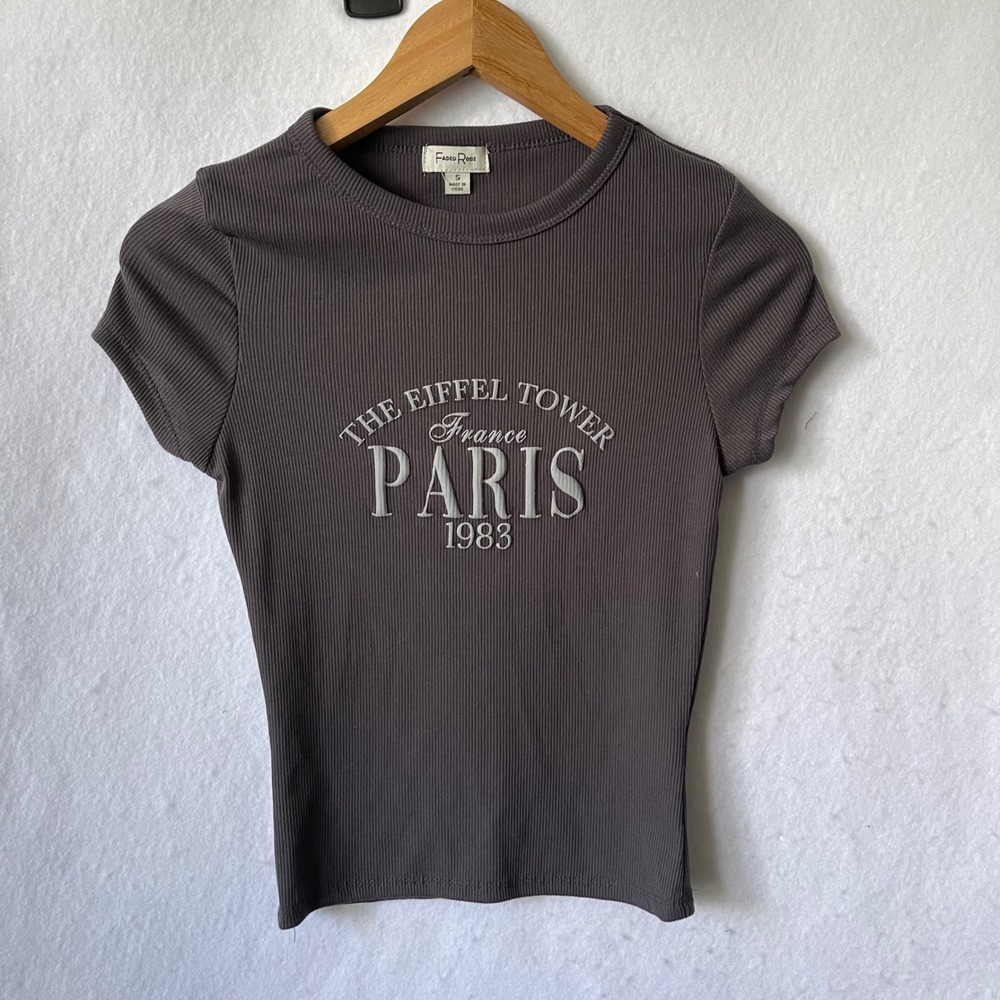 Faded Rose Paris Eiffel Tower Ribbed Baby‎ Tee Gray Short Sleeve Top Small